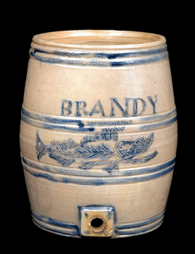 Stoneware keg cooler with incised fish decoration and inscription "brandy,” stamped "TYLER & DILLON / TROY,” attributed to Moses Tyler and Charles Dillon, circa 1826–1834. Albany Institute of History & Art, Rockwell Fund.