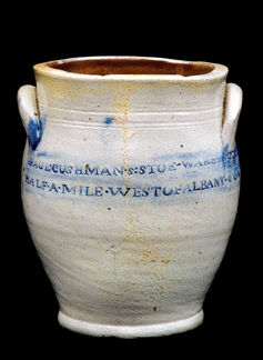 This Paul Cushman crock features cobalt highlights over the "PAUL : CUSHMAN'S : STONEWARE: FACTORY : 1809 : HALF : A : MILE : WEST OF ALBANY : GOAL,” mark. Collection of Warren F. Hartmann. 