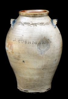 An unusual marked Paul Cushman crock resembles a form and features handles typically seen on Southern forms. Note the vine and berry coggling around the top. Collection of Paul Cushman Jr.