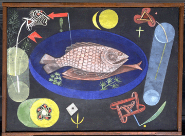 Paul Klee (German, b Switzerland, 1879–1940), "Around the Fish,” 1926, oil and tempera on canvas mounted on cardboard, 18 3/8  by 25 1/8  inches. Abby Aldrich Rockefeller Fund. ©2006 Artists Rights Society (ARS), New York City / VG Bild-Kunst, Bonn.