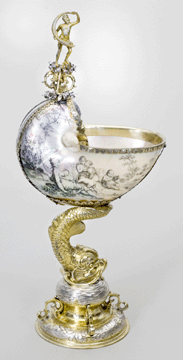 Nautilus cup, German, probably Breslau, mid-Seventeenth Century, probably Hans Boxhammer, shell engraved by Cornelis Bellekin, nautilus shell, silver gilt; 11½ inches high. Gift of J. Pierpont Morgan, 1917.
