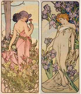 Alphonse Mucha, "Les Fleurs,” set of four decorative panels (two shown), Paris, 1898, brought $45,600.