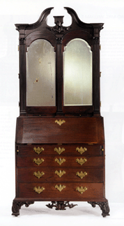 The bidding opened at $1 million for the Gilbert Deblois family Chippendale carved and figured mahogany desk and bookcase with carving attributed to John Welch of Boston, circa 1756. It measures 92 1/8  inches high, 41 7/8  inches wide and 22 5/8  inches deep, and carried a high estimate of $5 million. The final bid, by phone, was $3,288,000. The piece retains an early finish and originally belonged to Gilbert Deblois of Boston, thence by direct descent in the family to the present owners. The catalog refers to it as "a masterpiece of Boston craftsmanship as well as an important document of American furniture." Leigh Keno, who underbid the lot, said, "It is a masterpiece and we are going to look back at this sale in a few years and see what a great buy it was."