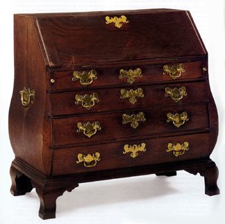 The Rowe family Chippendale figured mahogany bombe slant front desk, Boston, circa 1750, was one of the three pieces of furniture in the sale to break the $1 million mark, selling for $1,608,000 to Albert M. Sack. This piece appears to retain its original finish and hardware and measures 43½ inches high, 45 inches wide and 23½ inches deep. One of seven bombe slant front desks known today, this desk represents the most expensive type of furniture made in the Eighteenth Century. This same desk made headlines on October 5, 2004, when it sold at Steenburgh Auction, East Haverhill, N.H., for $605,000. The high estimate for it this time was $1.2 million.
