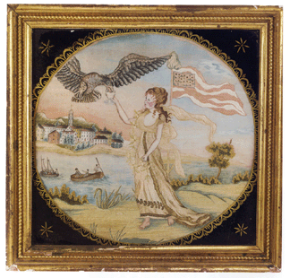 Lot 432, a fine and rare silk embroidered Goddess of Liberty picture, Betsey Cheney, Middlebury, Vt., circa 1815–1820, was bought by C.L. Prickett for $252,000, well over the high estimate of $50,000. It appears to be the original eglomise mat in a giltwood frame.