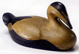 One of the carvings in the sale was this rare hollow-carved cedar eider decoy attributed to Gus Wilson, South Portland, Maine, circa 1880. This carving, from the personal collection of Steve Miller, New York City, was estimated at a high of $150,000 and sold for $240,000 to C.L. Prickett Antiques. Miller is quoted in the catalog as saying "Who ever buys this decoy is getting the best piece of folk sculpture I have owned in almost 40 years."