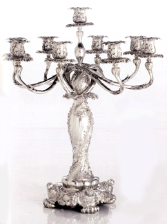 One of a pair of American silver massive, nine-light Chrysanthemum pattern candelabra, Tiffany & Co., New York, circa 1895, each with four paw feet capped by a chrysanthemum, 22¾ inches tall. The high estimate was $70,000 and the pair sold for $156,000.