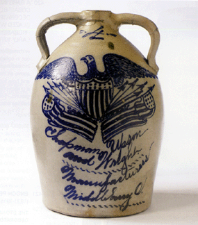 It took a bid of $114,000, against a high estimate of $80,000, to win this cobalt blue salt glazed stoneware eagle and shield double-handled four-gallon jug, Ohio, dating from the second half of the Nineteenth Century. It is inscribed "Chapman Weson and Wright Manufacturers, Middleburg, O." It measures 18 inches tall and the handles had been cracked and repaired.