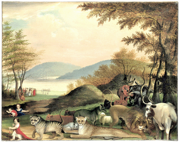 Painted in multiples by the Pennsylvania Quaker Edward Hicks, "The Peaceable Kingdom” is the most famous of all American folk paintings. This 24¼-by-30¼-inch oil on canvas also enjoys the distinction of being Hick's last "Peaceable Kingdom,” done in 1849 for his daughter just before his death. In excellent condition, it sold to Harry B. Hartman Antiques of Marietta, Penn., underbid by C.L. Prickett Antiques, for $6,176,000 ($3/4 million) including premium, setting an auction record for American folk art and for Hicks.  