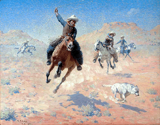 W.R. Leigh (1866–1955), "Roping the Wolf,” is a circa 1913 painting that started a bidding war between a floor bidder and a phone bidder — the phone won out at $599,000.