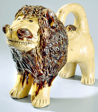 Perhaps one of the most famous pieces of American redware, a whimsical lion was made by John Bell Sr (1800–1880), Waynesboro, Penn. Bequest of Henry Francis du Pont, 1967.1630. —Gavin Ashworth photo, courtesy Winterthur