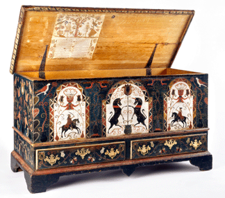 A Berks County, Penn., dower chest with unicorn painted central panel, 1765–1810, is one of the many Pennsylvania/Dutch artifacts collected by Henry Francis du Pont. Museum purchase, 1955.0095.001. —Gavin Ashworth photo, courtesy Winterthur