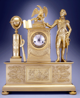 Inscribed "Washington: First in War, First in Peace and First in the Hearts of his Countrymen,” the symbol-laden brass clock by Jean-Baptiste Dubuc, Paris, circa 1804–1817, pays tribute to George Washington. Bequest of Henry Francis du Pont, 1957.0744. —Gavin Ashworth photo, courtesy Winterthur