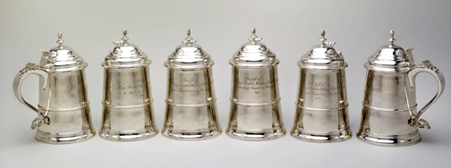 The set of six silver tankards by Paul Revere, Boston, 1772, reflect the recurring patriotic theme seen in du Pont's collecting. Gift of Henry Francis du Pont, 1957.0859.001-.006. —Gavin Ashworth photo, courtesy Winterthur