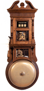 Gamewell 18-inch indicator with oak case, pull handle, Gamewell plate and mechanism, 56½ inches high by 21½ inches wide, sold for $18,700.