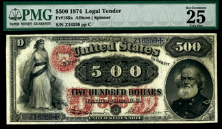 A Federal Reserve 185a $500, 1874 Legal Tender realized $517,500.