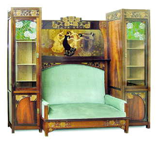 Gaspar Homar (1870–1953) and Josep Pey (1875–1956), sofa-display case with "La Sardana” marquetry panel, circa 1903, jacaranda wood, limoncillo, carving and marquetry in jacaranda, manzonia, oak, ebony, sycamore, aloe wood, box, cherry and ash from Hungary with metal and leaded and bevel-edged glass appliqués, 94½ by 101 by 27½ inches. Ajuntament de Badalona, Gift of the Ysamat Bosch family. Photograph ©Jordi Domingo.