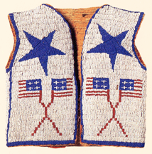 Beaded vest artist unknown South Dakota circa 18901910 Glass beadwork on canvas with cotton lining and binding Typical of Sioux beadwork the white body of this childs vest is worked in the lazy stitch method to depict four flags surmounted by two stars Collection of the Fenimore Art Museum Courtesy Stars and Stripes Rizzoli International Publications