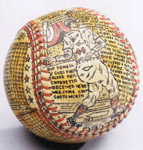 Minor League umpire George Sosnak 19241992 decorated around 800 baseballs with intricate scenes and lettering in India ink A number of his commemorative balls are included in the exhibition among them this one celebrating the 1944 AllStar game Collection of Paul Reiferson and Julie Spivack