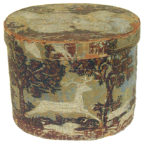 A wood banded wallpaper band box labeled Hannah Davis sold for 3162