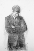 In Aaron Shiklers familiar 1970 charcoalonpaper study for an official White House likeness Kennedy stands with his arms folded and head down apparently in deep thought