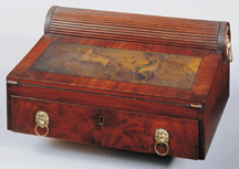 Portable writing desk 181014 attributed to Thomas Seymour painting by Hannah Crowninshield Boston Mahogany white pine paint and brass Peabody Essex Museum At least ten Bostonmade tambour lap desks similar to this one survive The painting was executed by Hannah Crowninshield when she was about 25 perhaps for her sisters wedding in 1814
