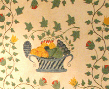The decoration of the bed cloth was colorful watercolor and pigment stenciled panels