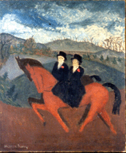 In the 1929 Sunday Riders two mysterious dark figures on horseback one of which is on a bright red horse stare out at the viewer Courtesy the Neuberger Museum of Art