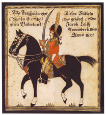 Inscribed Jacob Leith a soldier on horseback fraktur dated 1821 made 32200