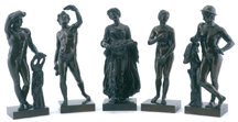 This set of small bronze figures of classical deities Apollo Bacchus Flora Venus and Mercury was made in the first quarter of the Eighteenth Century by Florentine sculptor Massimiliano Soldani Benzi 16561740