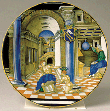Nicola da Urbinos circa 152528 Plate with an Allegorical Scene of Calliope and a Youth was part of a service made in Urbino for the Calini family of Brescia in the late 1520s