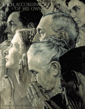 Rockwell departed fomr his usual narrative style for Freedom of Worship and produced closeup profiles of an assorted group of praying men and women bathed in soft golden light The artist considered Worship the best of the quartet Published The Saturday Evening Post February 27 1943 Copyright 1943 SEPS Licensed by Curtis Publishing Indianapolis Ind From the permanent collection of Norman Rockwell Museum