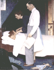 Freedom from Fear depicts a mother tucking her two sleeping children in bed while a pensive father stands nearby holding a newspaper with headlines about bombing raids on overseas cities The concept Rockwell said was Thank God we can put our children to bed at night with a feeling of security knowing they will not be killed in the night Published The Saturday Evening Post March 13 1943 Copyright 1943 SEPS Licensed by Curtis Publishing Indianapolis Ind From the permanent collection of Norman Rockwell Museum