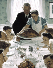 In Freedom from Want smiling members of a family gather expectantly as the Thanksgiving turkey is placed before them Interestingly cropped the picture extends below the edge of the canvas as if encouraging viewers to join the repast Published The Saturday Evening Post March 6 1943 Copyright SEPS Licensed by Curtis Publishing Indianapolis Ind From the permanent collection of Norman Rockwell Museum