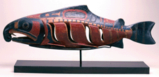 Colorful Tlingit salmon rattle circa 1860 Wood paint tooth and ferrous nails