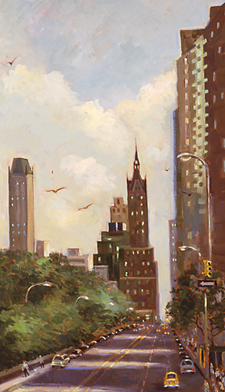 Mary Anna Goetz Central Park South View from Columbus Circle oil on canvas 30 by 18 inches