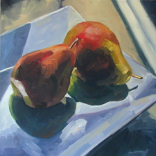 Sun Lit Pears by Pharr Schulenburg oil on panel image is 20 by 20 inches when framed 26 by 26 inches