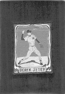 Derek Jeter 2004 sewn from threads of unraveled socks 2 by 2 inches