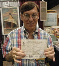 Ken Schultz Hoboken NJ with a document signed by the captain of the Titanic