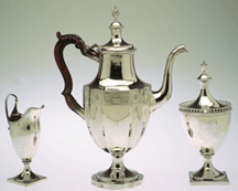 Coffeepot James Musgrave Philadelphia 17931800 Silver fruitwood Cream pitcher and sugar bowl Joseph Richardson Jr Philadelphia 17901800 Silver The sugar bowl is a classic Philadelphia design in contrast the helmetshaped cream pitcher is a more universal design