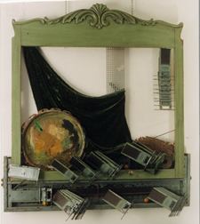 Fay Wood Green Piece found object assemblage 30 by 42 by 4 inches