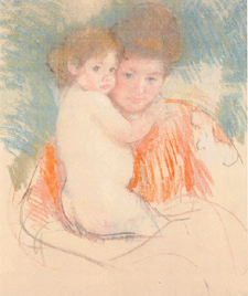 Mary Cassatt nude darkeyed girl with mother in patterned wrapper circa 19051915 pastel counterproof on Japan paper 26 by 22 inches