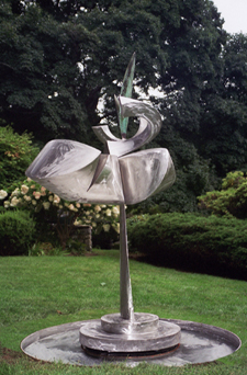 David Boyajian Dicotelydon IV 2004 fountain sculpture stainless steel and bronze 8 by 5 by 3 feet 6 foot diameter water basin