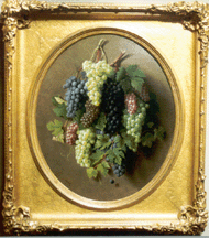Hannah Brown Skeeles Hanging Grapes 1866 an oil on canvas measuring 24 by 20 inches had its original frame It was masterfully painted with one grape suspended in midair at the bottom of the painting Brock amp Co Boston