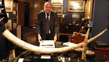 Alan Granby Hyland Granby Antiques Hyannis Port Mass poses with a huge piece of scrimshaw and his new book A Yachtsmans Eye The Gen Foster Collection of Marine Paintings