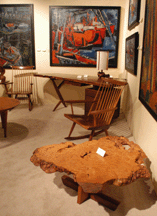 The Minguren maple burl coffee table with full freeform edge by George and Mira Nakashima circa 1990 was among the commissioned pieces in the stand of Moderne Gallery Philadelphia