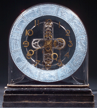 Zodiac clock by Rene Lalique circa 1936 with wheelcut decoration and blue patina on an ebonized base 49938