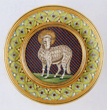 This Lamb of God in micromosaic is based on larger mosaic interpretations of the theme in Roman churches while the enameled border was inspired by a Seventh Century Lombardic brooch The halo is formed of tiny squares of solid gold the diameter of the entire piece is only two and oneeighths inches Courtesy the British Museum London