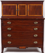Federal mahogany veneered drop front desk signed illegibly on the back and dated 1818 sold for 6600