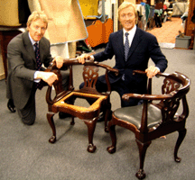 Among the pieces of Nicholas Brown furniture in the sale were these two roundabout chairs attributed to John Goddard Leigh Keno left was the successful bidder on the pair paying a total of 328 million Looking the chairs over after the sale with Leigh is his brother Leslie of Sothebys American Furniture Department photo by R Scudder Smith Antiques and The Arts Weekly